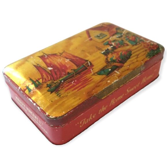 Blue Bird Toffee Tin Boat Village Design Hinged England Vtg Harry Vincent Candy. - Picture 13 of 16